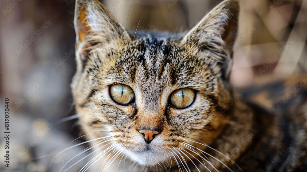 Close-up of a tabby cat with striking green eyes. The detailed shot highlights the cat's expressive face and whiskers... Close-up of a tabby cat with striking green eyes. The detailed shot highlights the cat's expressive face and whiskers...