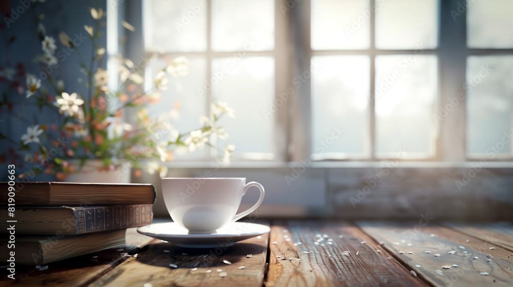 Minimalist interior scenery of a cafe with slightly fogged windows letting in soft light. There is an elegant cup of coffee and a pile of old books on a wooden table. Minimalist interior scenery of a cafe with slightly fogged windows letting in soft light. There is an elegant cup of coffee and a pile of old books on a wooden table.