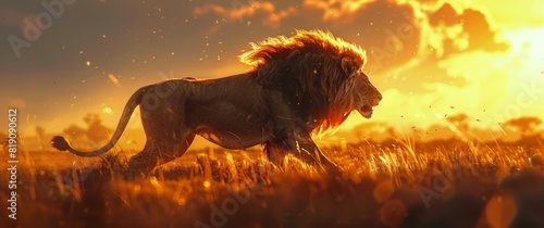 The Lion King Running in Field at Sunset