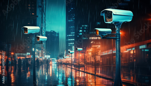 A camera is mounted on a pole in the rain photo