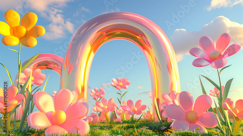 Inflated Arched Door Background, Inflated Flowers and Balloons, Product Showcase Background, Wedding Scene Background, Party Scene Background