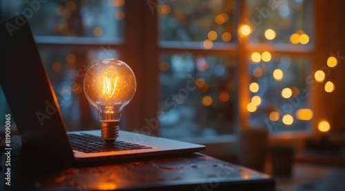 Light Bulb and Laptop on Table