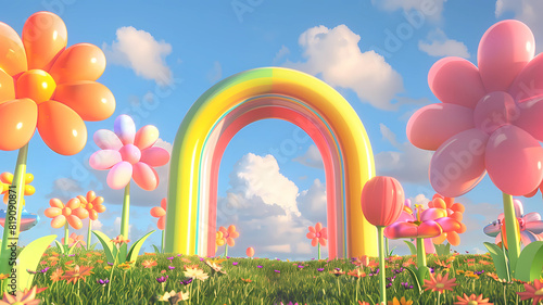 Inflated Arched Door Background, Inflated Flowers and Balloons, Product Showcase Background, Wedding Scene Background, Party Scene Background
