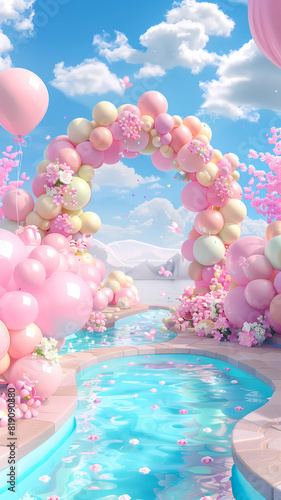 Inflated Arched Door Background, Inflated Flowers and Balloons, Product Showcase Background, Wedding Scene Background, Party Scene Background