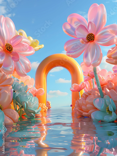 Inflated Arched Door Background, Inflated Flowers and Balloons, Product Showcase Background, Wedding Scene Background, Party Scene Background