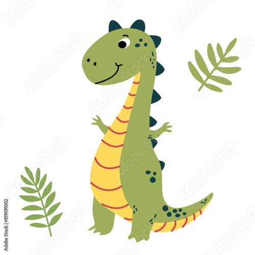 Charming illustration of a cute green dinosaur in a flat vector style. Friendly and playful design is ideal for children s books  t-shirt  nursery decor  greeting cards  party invitations
