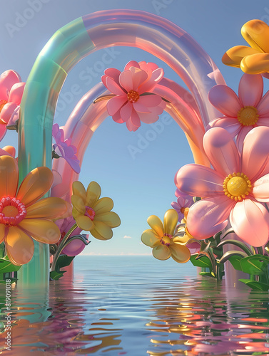 Inflated Arched Door Background, Inflated Flowers and Balloons, Product Showcase Background, Wedding Scene Background, Party Scene Background