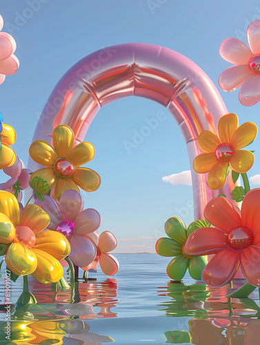 Inflated Arched Door Background, Inflated Flowers and Balloons, Product Showcase Background, Wedding Scene Background, Party Scene Background