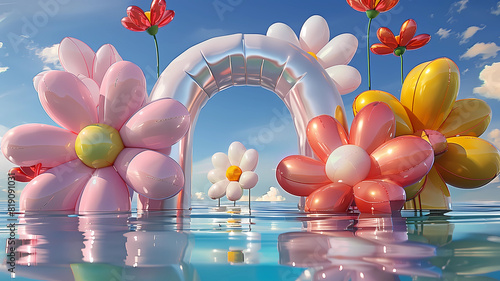 Inflated Arched Door Background, Inflated Flowers and Balloons, Product Showcase Background, Wedding Scene Background, Party Scene Background