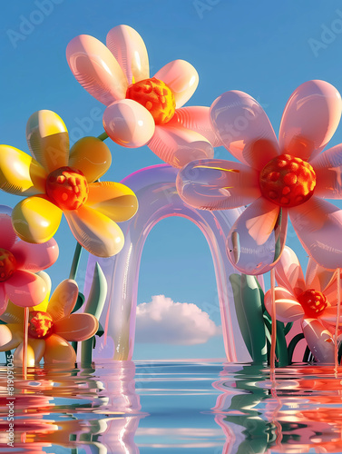 Inflated Arched Door Background, Inflated Flowers and Balloons, Product Showcase Background, Wedding Scene Background, Party Scene Background