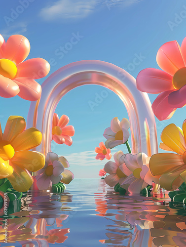 Inflated Arched Door Background, Inflated Flowers and Balloons, Product Showcase Background, Wedding Scene Background, Party Scene Background