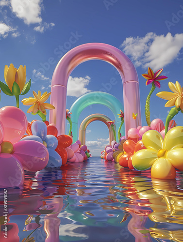 Inflated Arched Door Background, Inflated Flowers and Balloons, Product Showcase Background, Wedding Scene Background, Party Scene Background