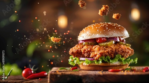  Fresh crispy fried chicken burger sandwich with flying ingredients and spices hot ready to serve and eat food. photo