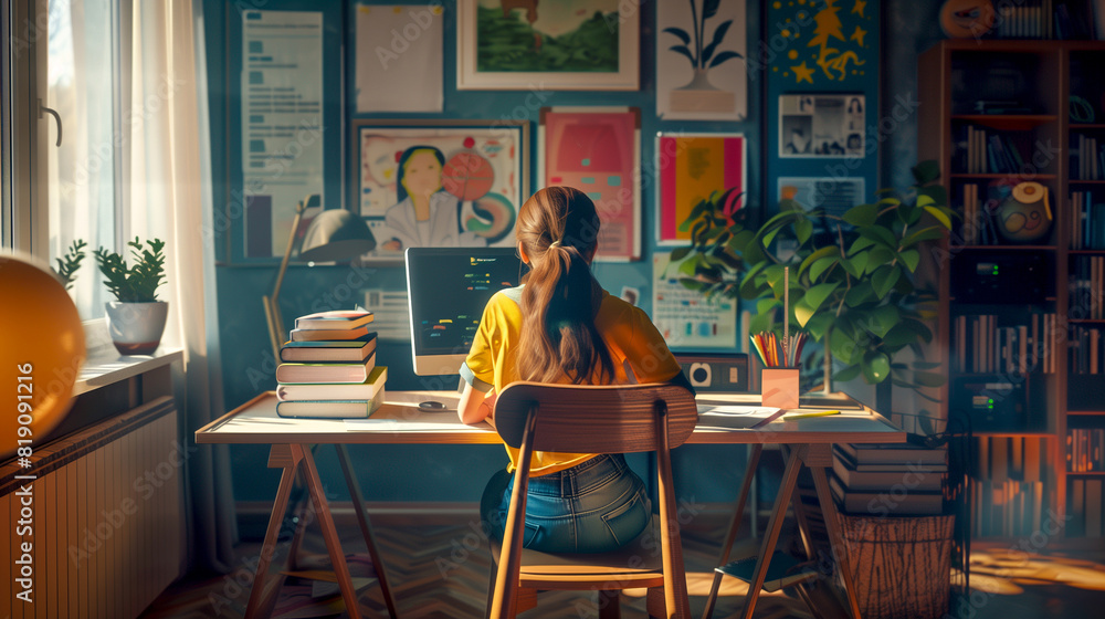 School atmosphere at home, a table with books and notebooks, at which a student sits doing homework. There are posters hanging on the wall School atmosphere at home, a table with books and notebooks, at which a student sits doing homework. There are posters hanging on the wall