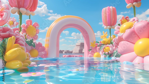 Inflated Arched Door Background, Inflated Flowers and Balloons, Product Showcase Background, Wedding Scene Background, Party Scene Background