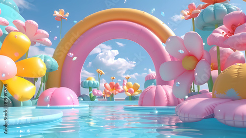 Inflated Arched Door Background, Inflated Flowers and Balloons, Product Showcase Background, Wedding Scene Background, Party Scene Background