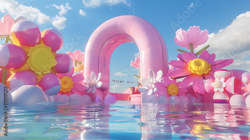 Inflated Arched Door Background, Inflated Flowers and Balloons, Product Showcase Background, Wedding Scene Background, Party Scene Background