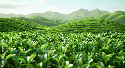 A green tea plantation with rows of fresh and lush tea leaves, overlooking rolling hills under the clear blue sky. © Kien