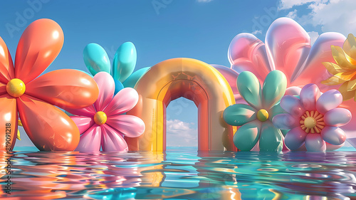 Inflated Arched Door Background, Inflated Flowers and Balloons, Product Showcase Background, Wedding Scene Background, Party Scene Background