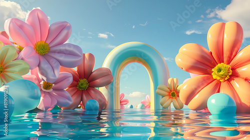 Inflated Arched Door Background, Inflated Flowers and Balloons, Product Showcase Background, Wedding Scene Background, Party Scene Background