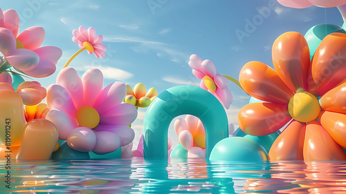 Inflated Arched Door Background, Inflated Flowers and Balloons, Product Showcase Background, Wedding Scene Background, Party Scene Background