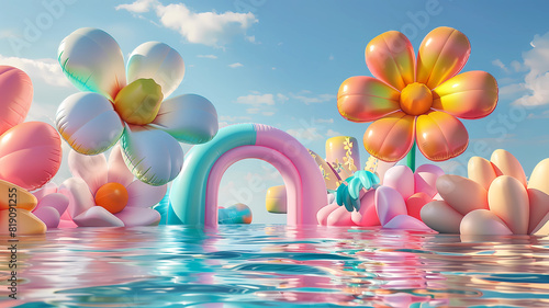 Inflated Arched Door Background, Inflated Flowers and Balloons, Product Showcase Background, Wedding Scene Background, Party Scene Background