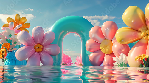 Inflated Arched Door Background, Inflated Flowers and Balloons, Product Showcase Background, Wedding Scene Background, Party Scene Background