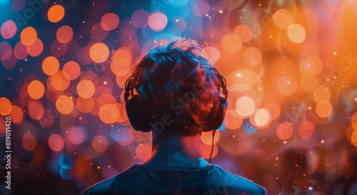 Person Wearing Headphones in Front of Crowd of Lights