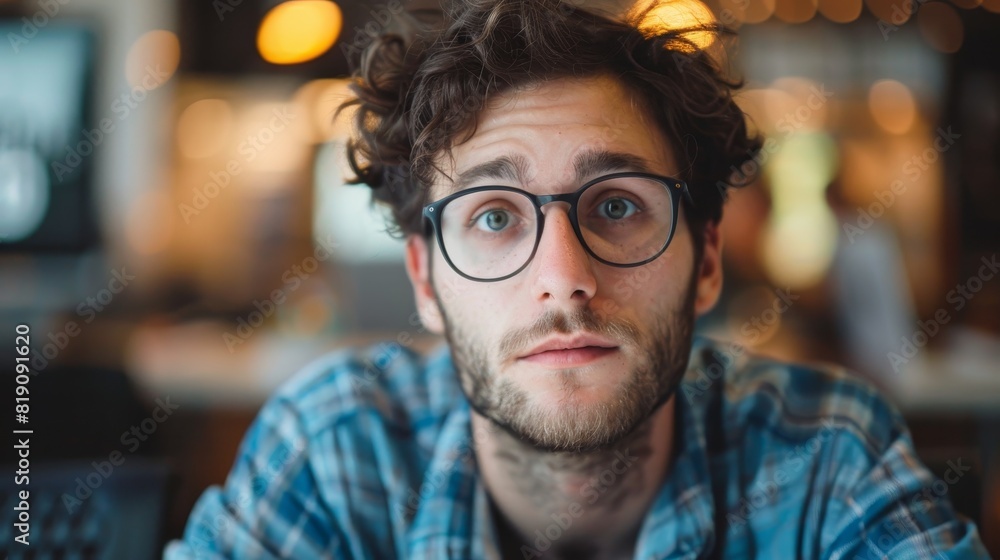 Young man with curly hair, wearing glasses and a blue plaid shirt Young man with curly hair, wearing glasses and a blue plaid shirt