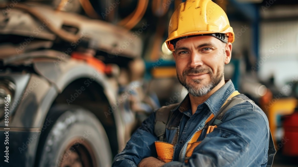 Man wearing a yellow hard hat, a blue denim shirt, and orange safety straps over his shoulders Man wearing a yellow hard hat, a blue denim shirt, and orange safety straps over his shoulders