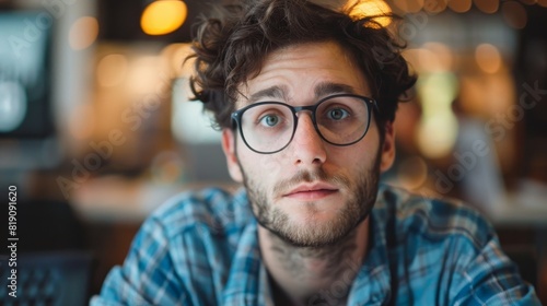 Young man with curly hair, wearing glasses and a blue plaid shirt photo