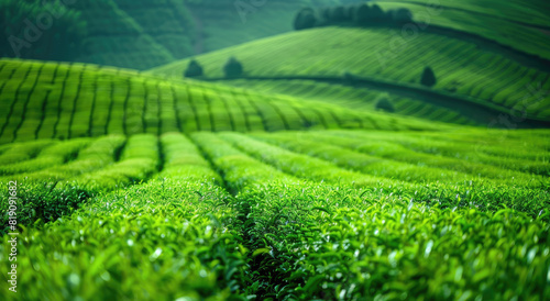 A green tea plantation with rows of fresh and lush tea leaves, overlooking rolling hills under the clear blue sky.