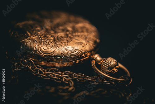 A vintage gold pocket watch with elaborate engravings and an attached chain, set against a dark background.