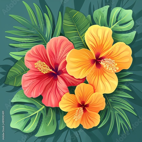 Wallpaper Mural Hibiscus flat design top view tropical paradise theme animation Tetradic color scheme Torontodigital.ca
