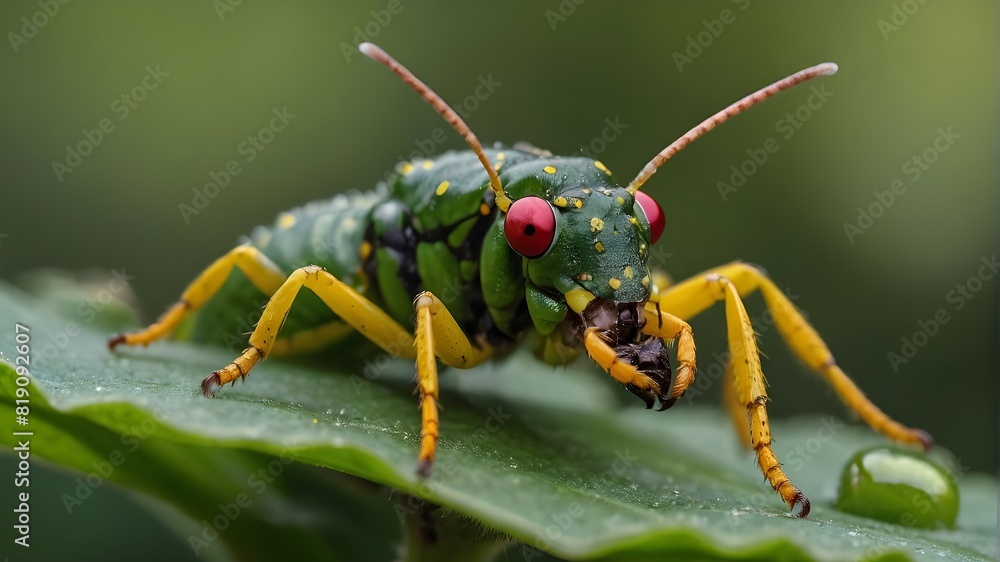 Macro portrait of a green oruga on a leafless flower with a blurred background, gusano with antennae, and a yellow-colored bug eating Macro portrait of a green oruga on a leafless flower with a blurred background, gusano with antennae, and a yellow-colored bug eating