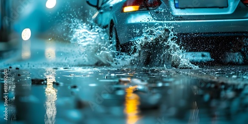 Close-up of car tires splashing water on wet road while driving through puddles. Concept Car Photography, Wet Road Adventure, Tire Splash Action, Close-up Shots, Puddle Reflections