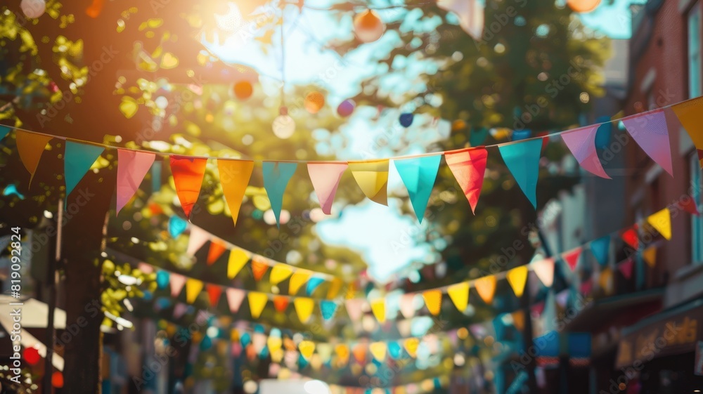 Fototapeta premium Sunlit outdoor festival with colorful triangular flags and trees