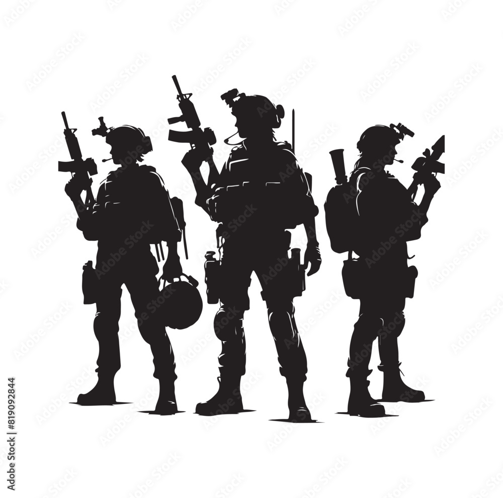 Soldier silhouette on a white background. Special army force wearing uniforms. Soldiers standing with assault rifles silhouette.armies with anonymous faces. infantry silhouette collection. Soldier silhouette on a white background. Special army force wearing uniforms. Soldiers standing with assault rifles silhouette.armies with anonymous faces. infantry silhouette collection.
