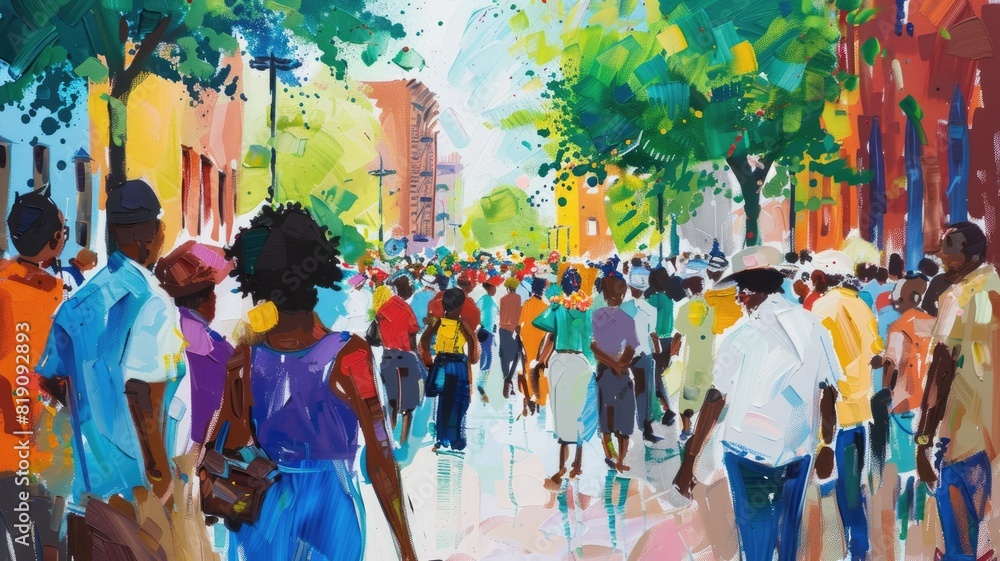 Colorful painting of diverse crowd walking down street with bright buildings and trees Colorful painting of diverse crowd walking down street with bright buildings and trees