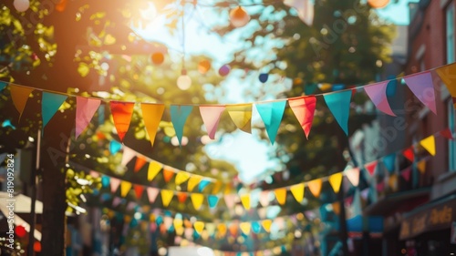 Sunlit outdoor festival with colorful triangular flags and trees photo