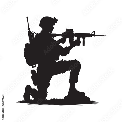 Soldier silhouette on a white background. Special army force wearing uniforms. Soldiers standing with assault rifles silhouette.armies with anonymous faces. infantry silhouette collection.