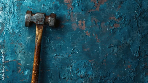 Rusty hammer on textured blue background with distressed paint