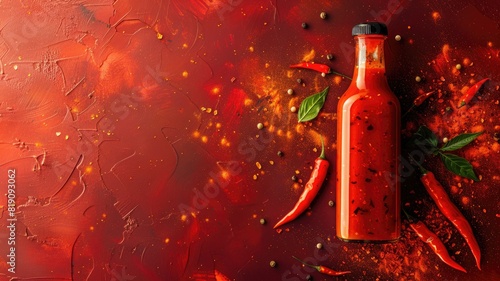 Spicy red hot sauce bottle with chili peppers on textured background