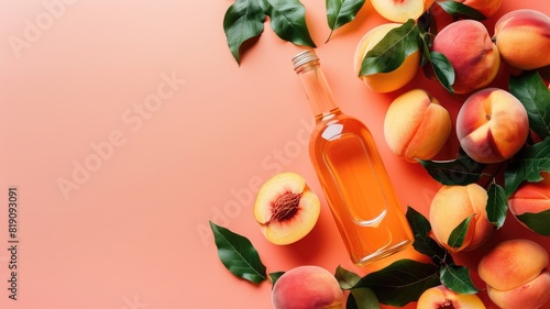 Bottle of peach cider with fresh peaches on pink background