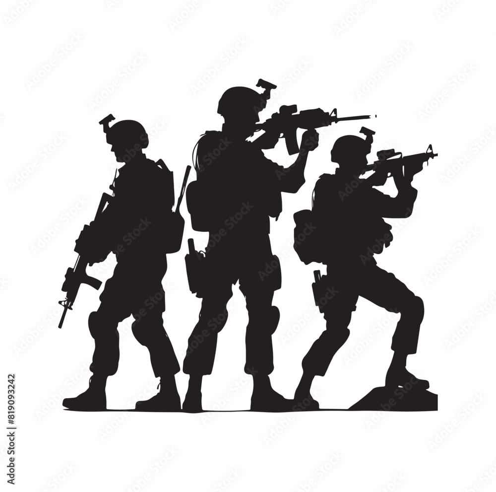 Fototapeta premium Soldier silhouette on a white background. Special army force wearing uniforms. Soldiers standing with assault rifles silhouette.armies with anonymous faces. infantry silhouette collection.