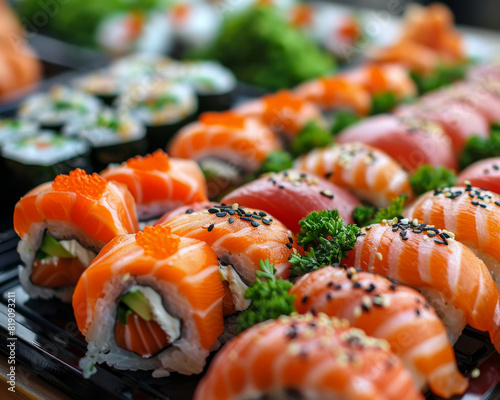 Close-up of an assortment of fresh sushi rolls and nigiri, beautifully garnished with roe, sesame seeds, and greens, perfect for a gourmet dining experience.