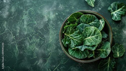 Fresh collard greens in bowl on textured green surface