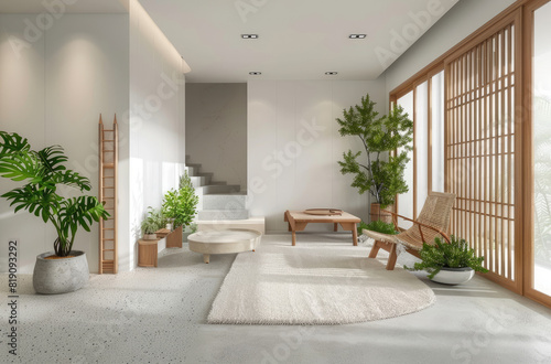 Minimalist interior of a living room with wooden furniture, white walls and green plants on the floor, white carpet flooring