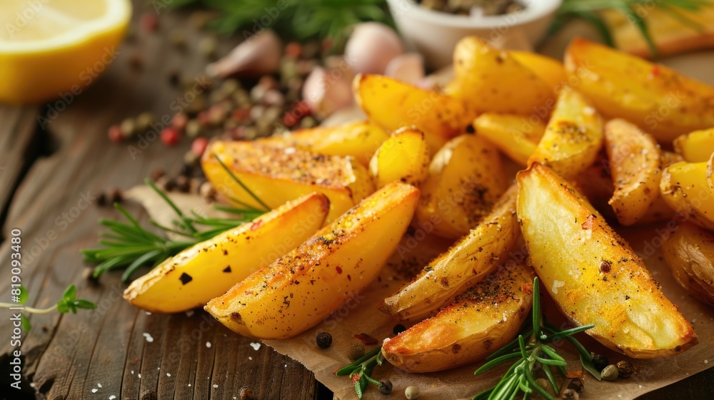 Fried potato wedges with herbs and spices on a wooden table Fried potato wedges with herbs and spices on a wooden table