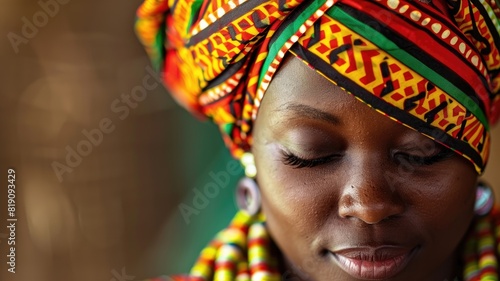 African woman wearing vibrant traditional headwrap with eyes closed